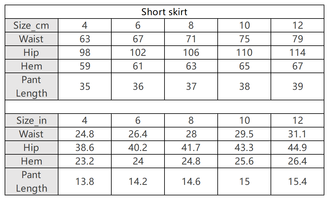 The Sirène Set — vendor size chart