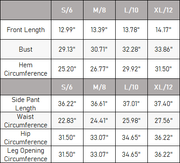 The Yara Velvet Set — vendor size chart