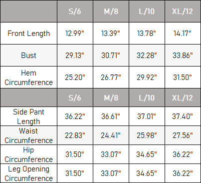 The Yara Velvet Set — vendor size chart