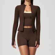 VÉLORE Coffee Cardigan, Bra & Shorts 3-Piece Set - product photo
