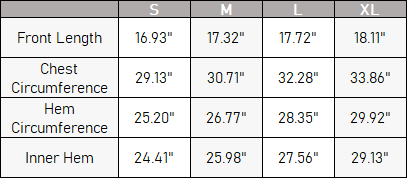 The Rue Tank — vendor size chart