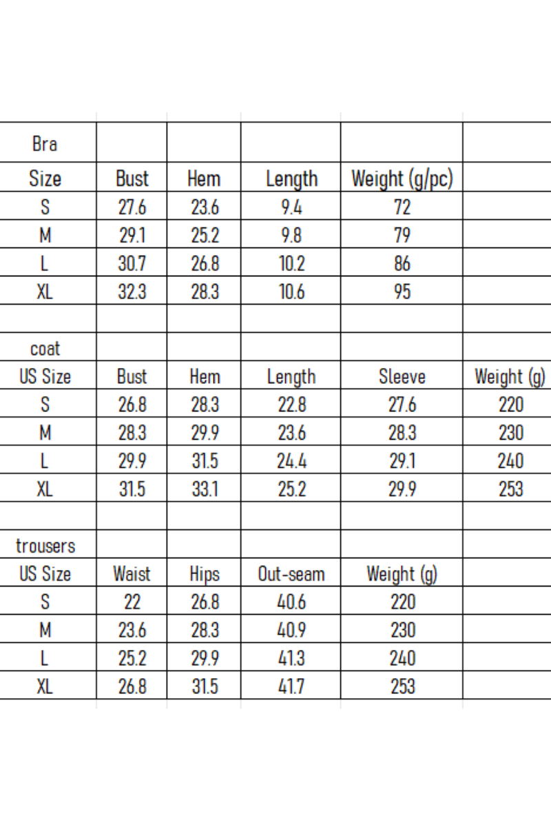 VÉLORE Matte-Finish Zip 3-Piece Flare Set - vendor size chart