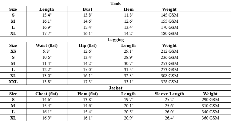 The Kendall Three-Piece Legging Set — vendor size chart