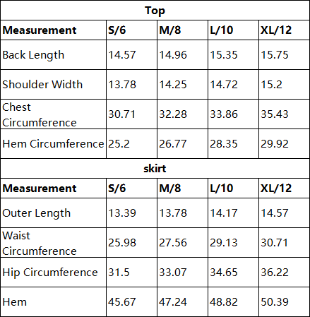 The Thea Skort Set — vendor size chart