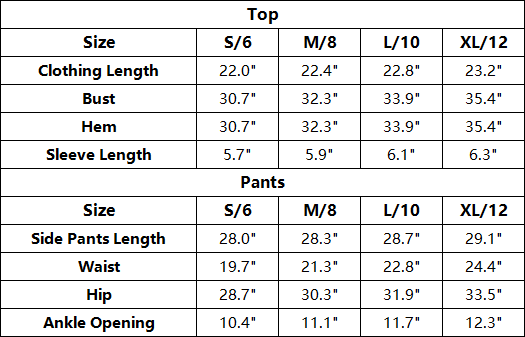 The Valora Set — vendor size chart