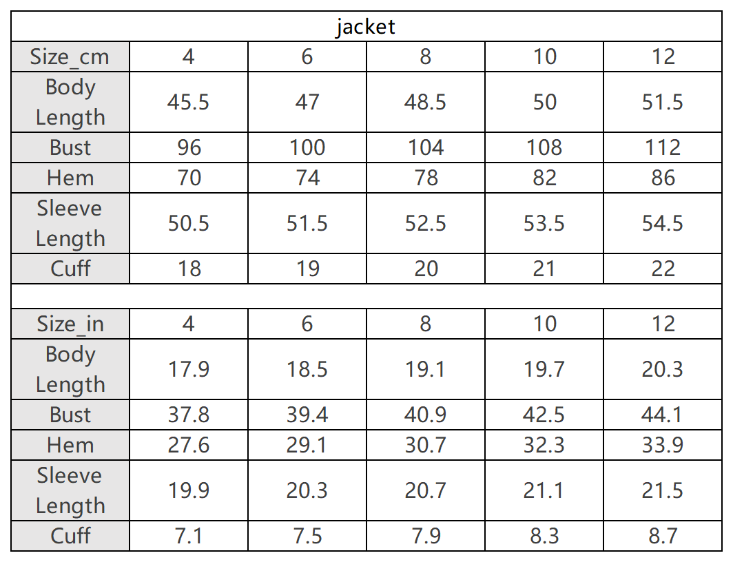 The Sirène Set — vendor size chart