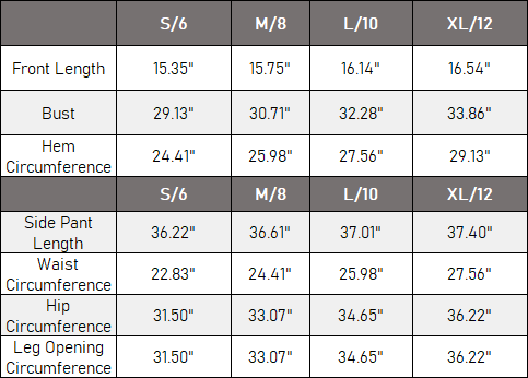 The Yara Sculpt Set — vendor size chart