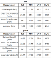 The Deauville Bra & Legging Set — vendor size chart