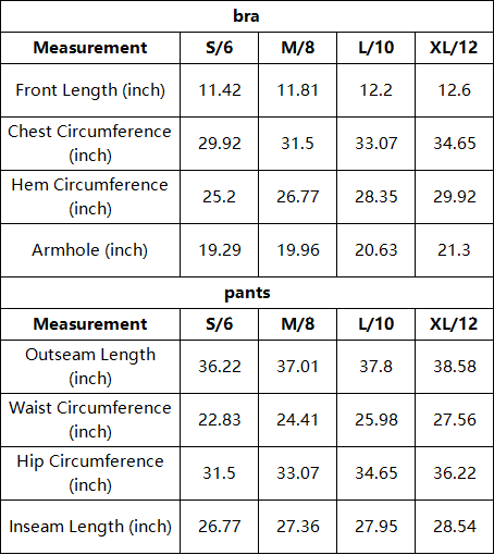 The Deauville Bra & Legging Set — vendor size chart