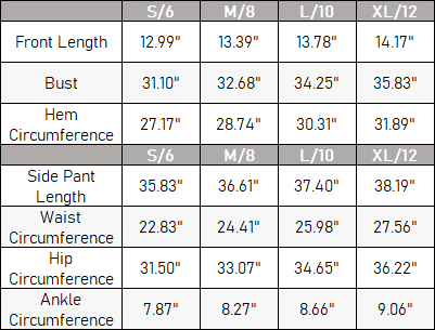 The Xenia Contrast Set — vendor size chart