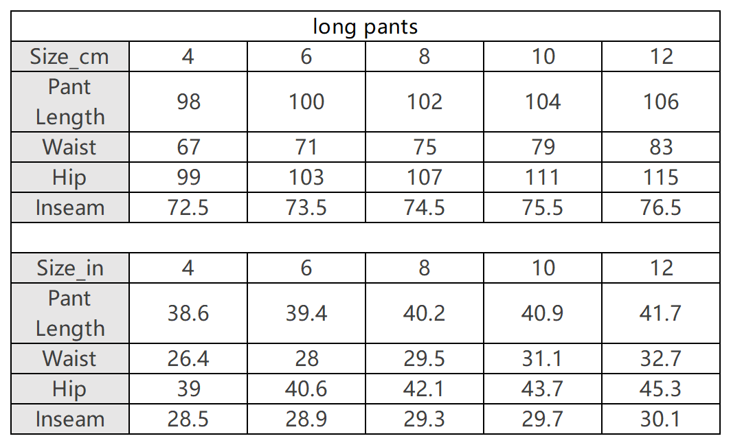 The Prestige Set — vendor size chart