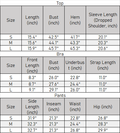VÉLORE Off-Shoulder 3-Piece Active Set - vendor size chart