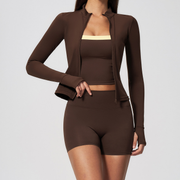 VÉLORE Coffee Cardigan, Bra & Shorts 3-Piece Set - product photo