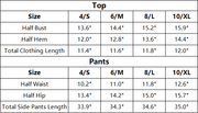 The Siena Set — vendor size chart