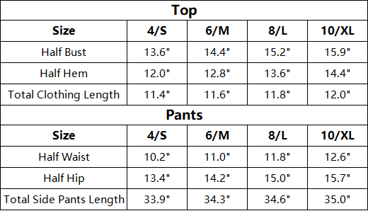The Siena Set — vendor size chart