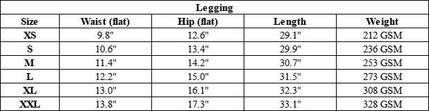 The Kendall Legging — vendor size chart
