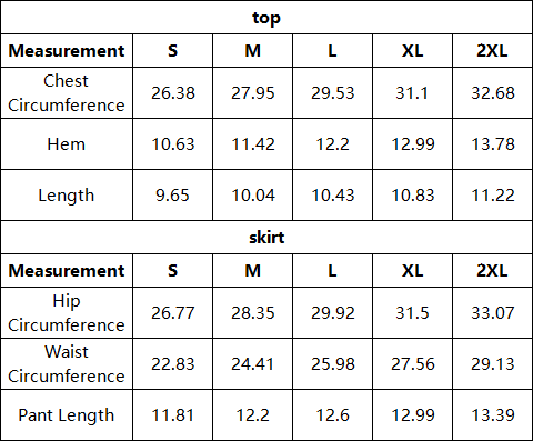 The Geneva Set — vendor size chart