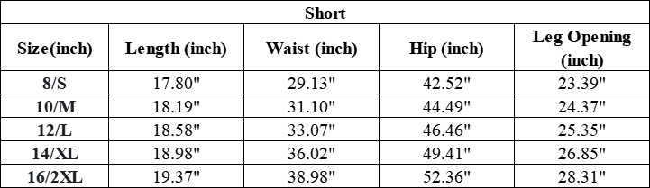 The Josette Short — vendor size chart